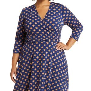 Leota Women's Dress with Navy and Orange Fan Pattern